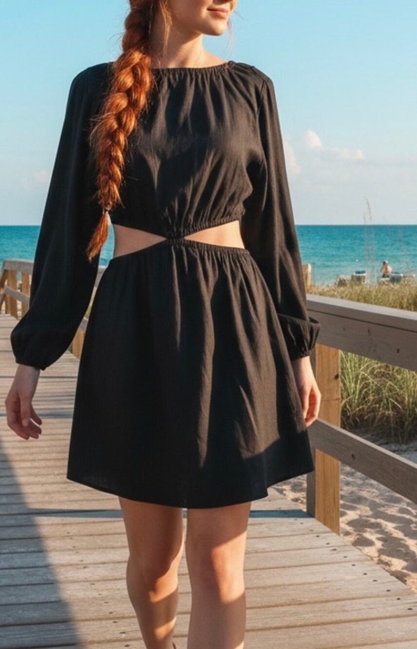 Gianni Bini Mini Dress Cora Black Linen Long Sleeve Cut Out A-line New